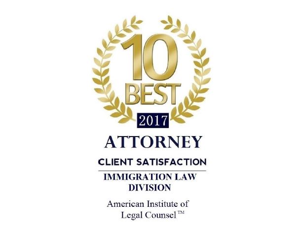 American Institute of Legal Counsel, 10 Best Attorney 2017, Client Satisfaction, Immigration Law Division
